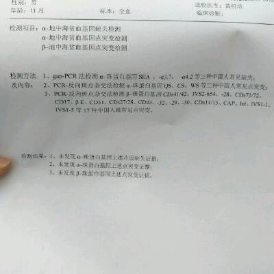 地贫基因检查报告出来了,帮我看一下,谢谢!
